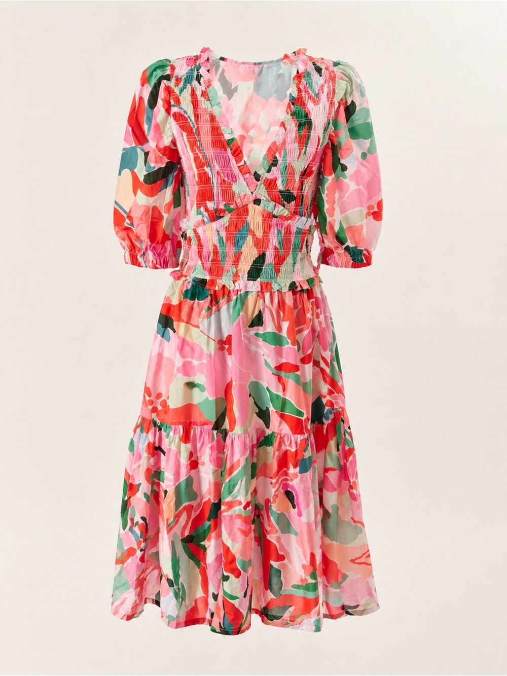 Pink Multicolor Floral Smocked Midi Dress